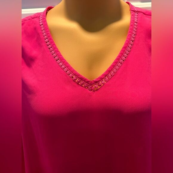 Attention Blouse Women's XL Solid Pink Dot Embroidered Trim Cap Sleeve V Neck - Picture 2 of 7